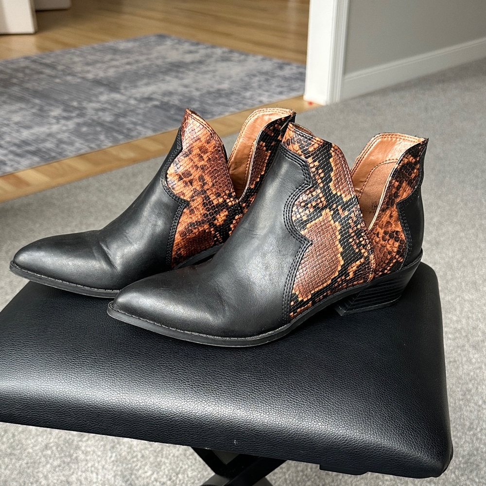 Fergalicious Black Ankle Boots with Brown Snake-Print Panels